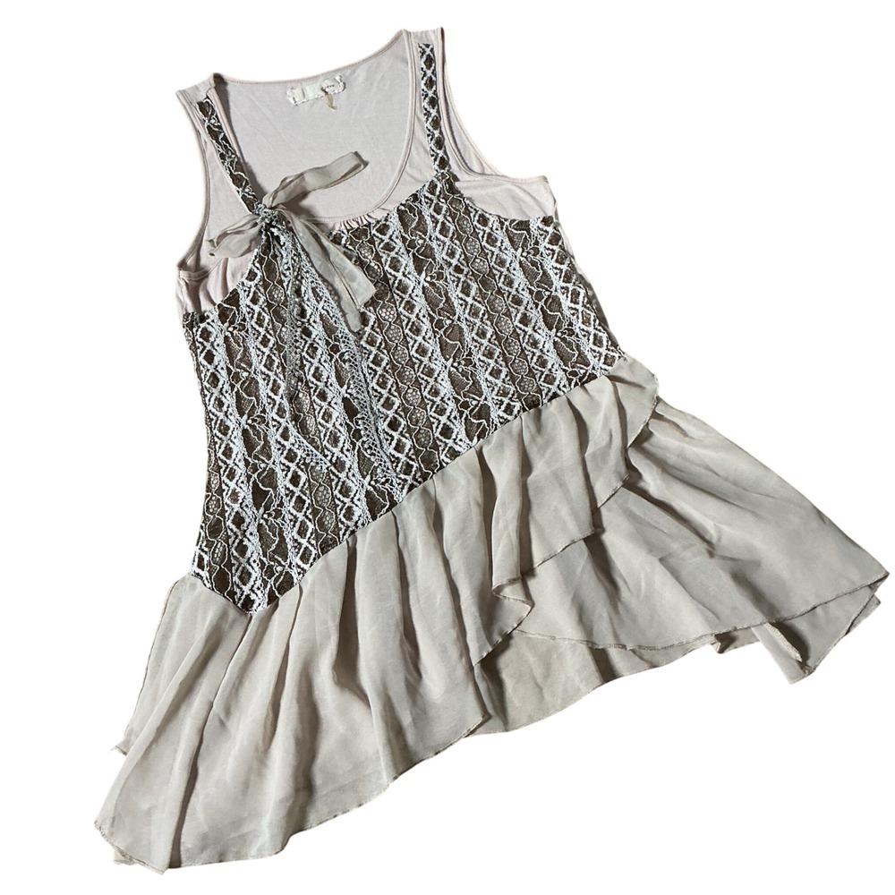 A'reve Boho Lace Ruffle Lagenlook Tank Women M Pink Chiffon Tiered AD3210-S12